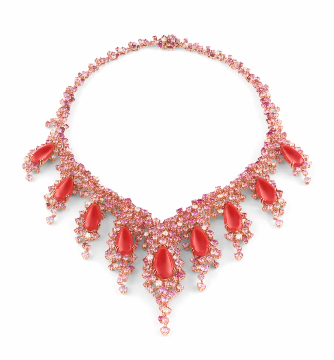 A sumptuous pink gold necklace featuring 9 beautiful drop-cut corals, for a total of 75.65 carats. The deep red hue of these gems is skilfully enhanced by 48 diamonds (3.83 carats), 445 pink sapphires (40.98 carats) and 91 rubies (7.88 carats), all brilliant-cut.