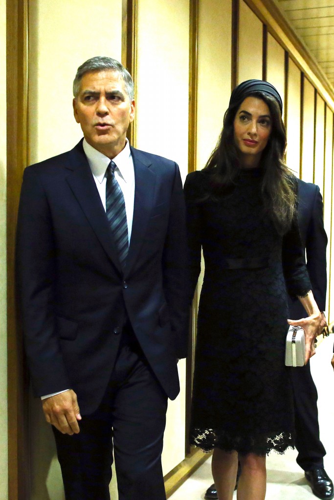 VATICAN CITY- MAY 29:  George Clooney and Amal Clooney attend 'Un Muro o Un Ponte' Seminary held by Pope Francis.