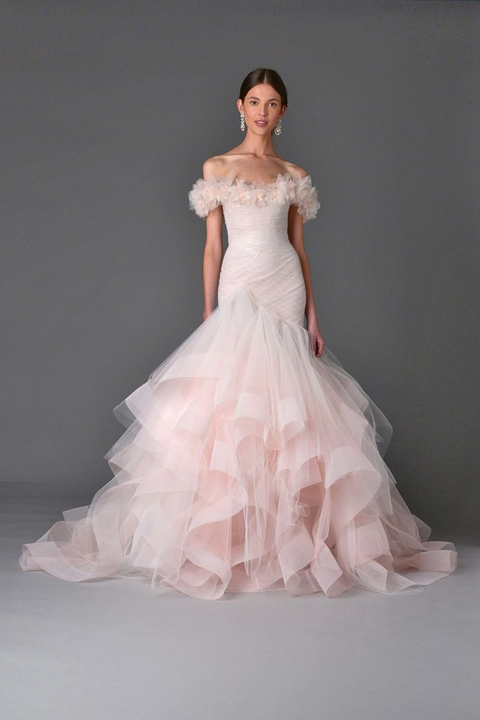 Marchesa pink wedding dress with ruffle wedding bridal trends